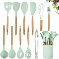 VIVAYO Silicone Cooking Utensil Kitchen Utensils Set, 12 Pieces Silicone Kitchen Utensil Wooden Handles, Kitchen Spatula Sets with Holder Spoon Turner Tongs,Mint Green