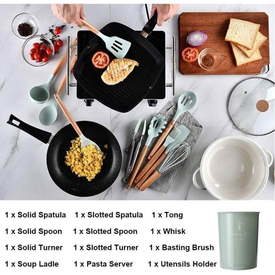 VIVAYO Silicone Cooking Utensil Kitchen Utensils Set, 12 Pieces Silicone Kitchen Utensil Wooden Handles, Kitchen Spatula Sets with Holder Spoon Turner Tongs,Mint Green